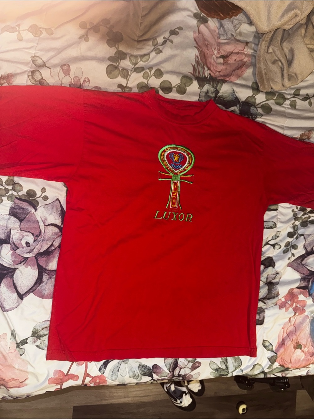 Lux Red Short-Sleeve Tee with Embroidered Ankh Graphic
